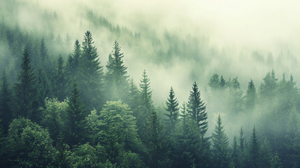 Misty forest landscape with dense pine trees and fog creating a serene and mysterious natural scenery, perfect for backgrounds and nature projects.