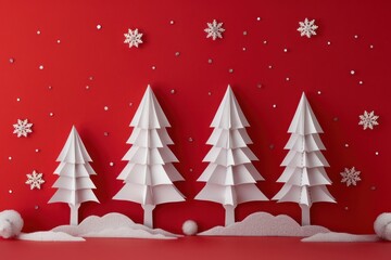 Naklejka premium Festive paper christmas trees with snowflakes and snowflakes on red background for holiday decorations