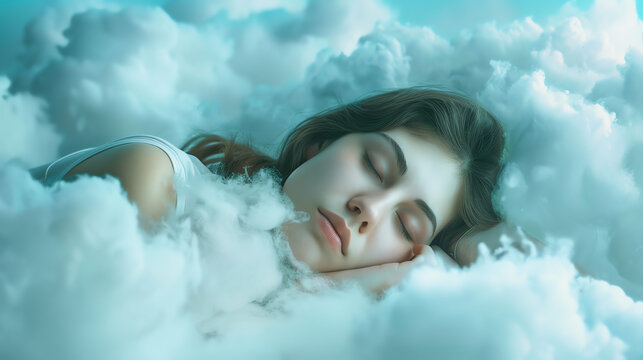 Peaceful woman sleeping among clouds, symbolizing dreams and relaxation in a serene, surreal environment.