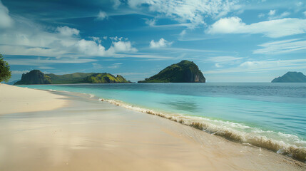 Pristine tropical beach with calm turquoise waters and distant islands under a clear blue sky, perfect for a serene and scenic getaway.