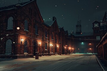 Night Street in Old Times with Warehouse on side