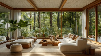 Obraz premium Nature-Inspired Spacious Living Room with Forest View