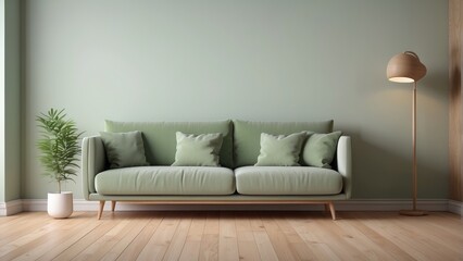 Interior home of living room with green couch, plant and floor lamp on empty green wall copy space, hardwood floor, contemporary