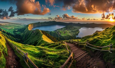 Scenic view of the Sete Cidades volcanic crater lake at sunset, with lush green hills and dramatic clouds in the Azores, Portugal. - Powered by Adobe