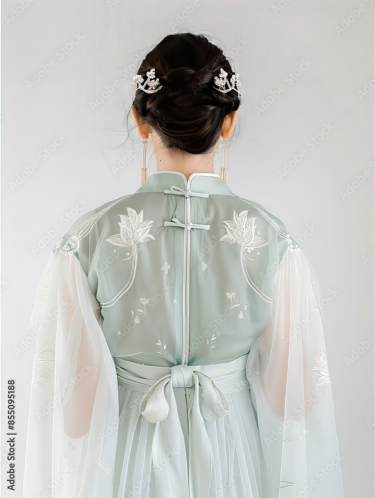 Wall mural girl wearing green hanbok, back view