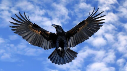 Fototapeta premium Young Common Raven hovers high in blue sky with stretched wings and tail