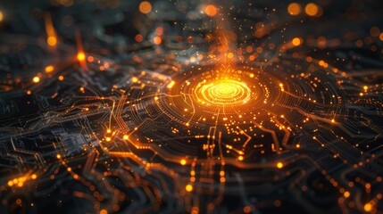 Quantum computing core, glowing with energy, abstract algorithmic patterns