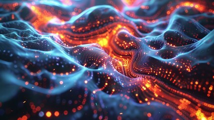 Quantum computing core, glowing with energy, abstract algorithmic patterns