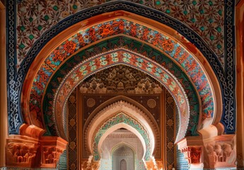 Photo of an ornate mihrab (prayer niche) inside a mosque, with intricate patterns and vibrant colors