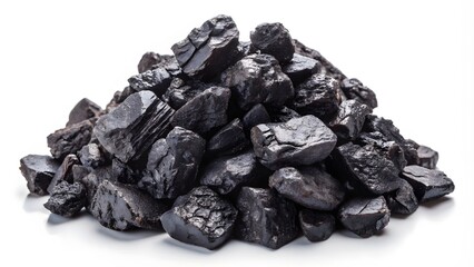 A Pile Of Shiny Black Coal Isolated On A White Background.