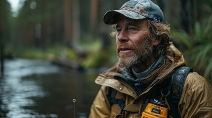 Obraz premium A man with a beard and a cap stands in a forest by a river. He is wearing a jacket and a backpack.