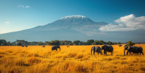 African Elephant Herd Grazing Near Mount Kilimanjaro