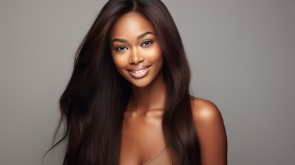 Fototapeta premium Beautiful, sexy, happy smiling dark-skinned African American woman with perfect skin and long hair, on a gray background, banner.