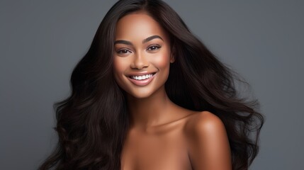 Naklejka premium Beautiful, sexy, happy smiling dark-skinned African American woman with perfect skin and long hair, on a gray background, banner.