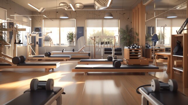 Describe a Pilates studio setup similar to the one in the image, emphasizing the equipment and environment