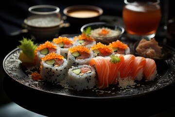 Gourmet salmon sushi rolls served on a black plate with garnishes, ready for an excellent dining experience. AI generated