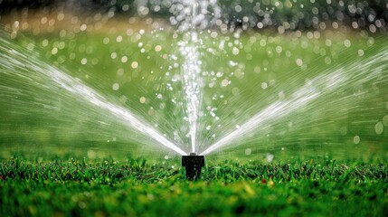 a water sprinkler in the backyard, creating a playful and refreshing atmosphere over the green grass.