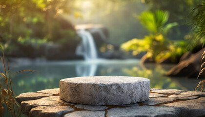 stone podium set against a blurred 3D cosmetic background, perfect for highlighting beauty products. The minimalist design enhances the focus on the product, evoking a sense of luxury and sophisticati