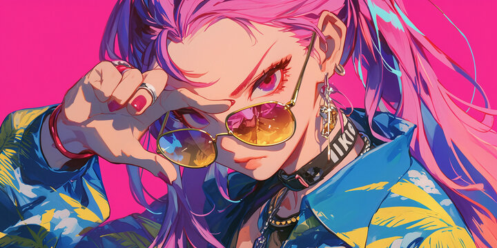 illustration of female DJ on a set, niji manga style