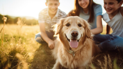 Happy family with with kids playing outside in a field with their family dog. Camping, travel, hiking