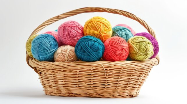 Colorful yarn balls in wicker basket for needlework hobby on blank white background