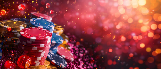 A lively casino scene featuring stacks of colorful poker chips and dice amidst a backdrop of shimmering lights and vibrant bokeh, creating an atmosphere of excitement and fun.