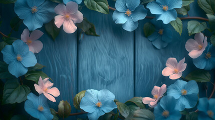 Beautiful blue flowers on wooden background