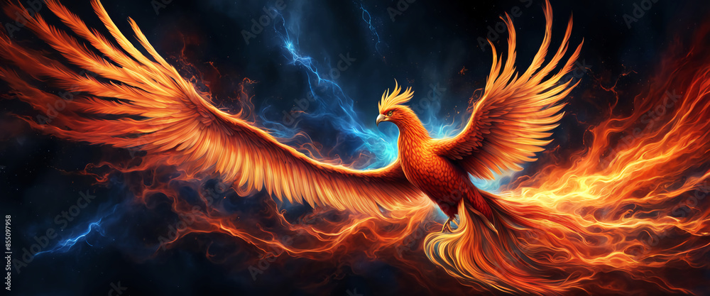 Wall mural phoenix bird fire fantasy firebird abstract magic 3d eagle animal. phoenix bird fire tale character  - Wall murals