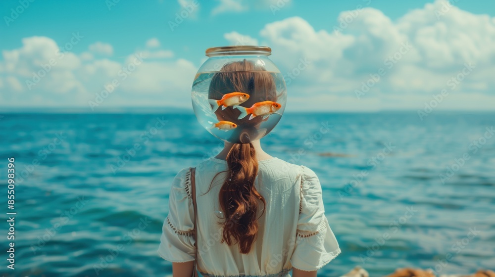 Wall mural A girl with a fishbowl for a head, with fish swimming inside, standing by the ocean - Wall murals