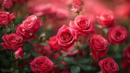 Obraz premium Beautiful Red Roses in Full Bloom. Close-up of vibrant red roses in full bloom, creating a stunning and romantic floral display with soft green leaves.