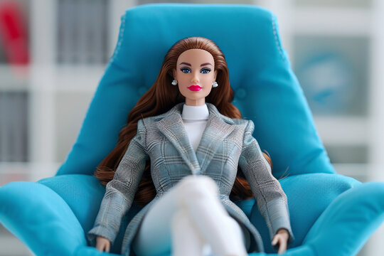 cute girly doll dressed in formal suit on blue chair, businesswoman, paradigm change, inclusion, pink background