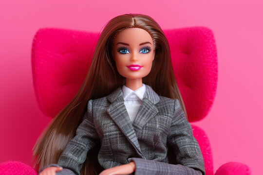 cute girly doll dressed in formal suit on pink chair, businesswoman, paradigm change, inclusion, pink background