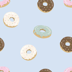 Sweet colorful Donut seamless pattern, pastel colors, vector birthday party pattern, blue background