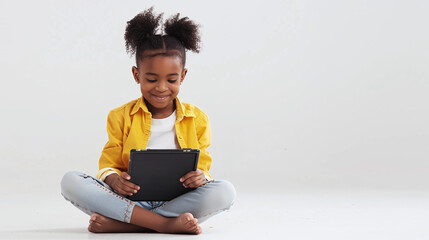 little black girl holding a tablet sitting on the floor, light grey background, space for copy text