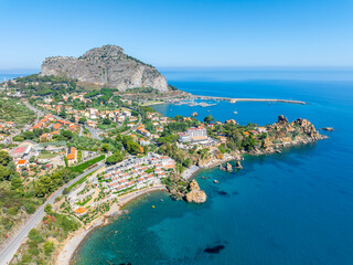 Fototapeta premium Aerial view of Kalura Beach and Rock of Cefalu, Sicily island, Italy