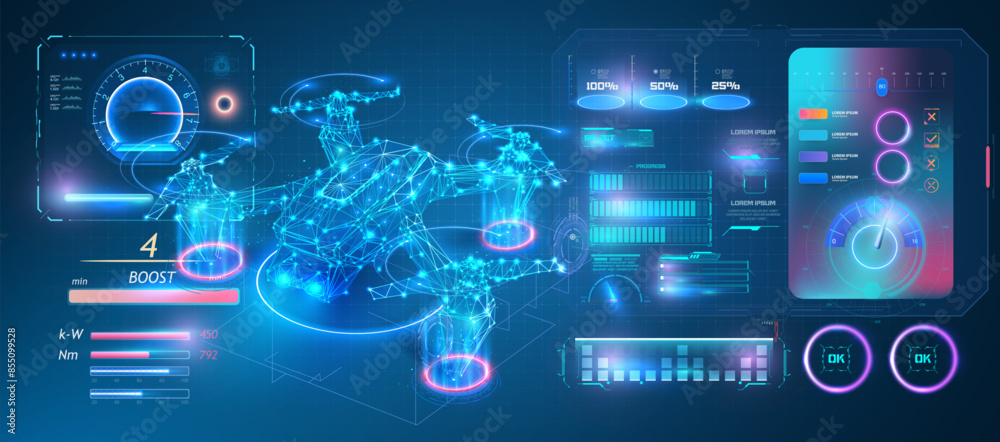 Poster a detailed futuristic hud interface displaying a drone with various data visualizations and technica