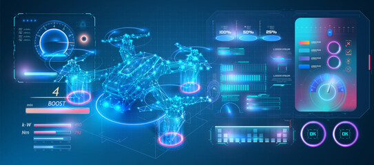 A detailed futuristic HUD interface displaying a drone with various data visualizations and technical information. Perfect for illustrating advanced technology, drone controls, and digital interfaces.