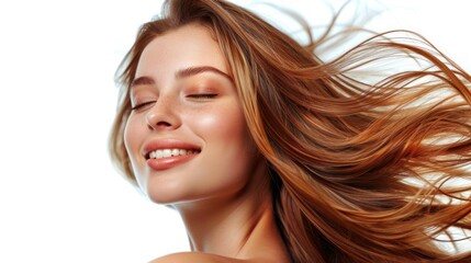 Fototapeta premium A radiant woman with flowing hair, exuding confidence and grace against a white backdrop. isolated white background