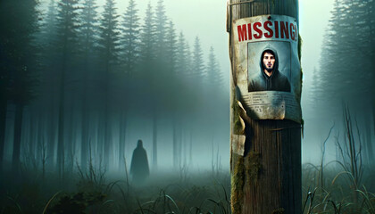 Eerie Forest with Missing Person Poster and Mysterious Hooded Figure in Foggy Background. International day of the Disappeared