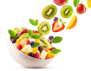 Naklejka premium Obstsalat in Schüssel fallend isoliert auf weißen Hintergrund, Freisteller 