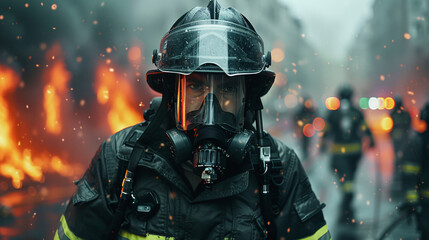 Fototapeta premium Courageous Firefighter in Full Gear at Rescue Site with Copy Space Above for Branding or Information - Emergency Service Concept