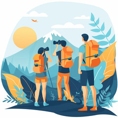 Fototapeta premium Three people are standing on a mountain, looking through their binoculars. The sun is shining brightly, and the mountains are in the background. Scene is adventurous and exciting