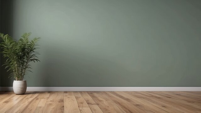 Interior home of empty room with plant on sage green wall copy space blank mock up, furniture product background