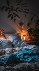 a modern bedroom at night with an unmade bed, focusing on a closeup view of a grey headboard and blue sheets illuminated by warm bedside lamp lighting.
