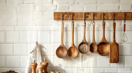 a modern kitchen space featuring wooden utensils and aprons neatly arranged on a hanger, set against a pristine white tile backdrop, showcasing eco-friendly and sustainable living aesthetics.