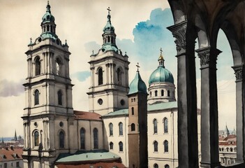 Fototapeta premium Iconic European Landmarks: A Watercolor Journey