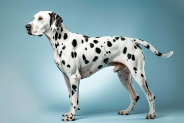 Elegant dalmatian standing against blue background in studio