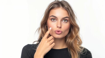 Fototapeta premium An alluring woman with a finger to her lips, hinting at mystery and intrigue. isolated white background