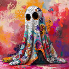 Fototapeta premium Colorful Abstract Art of a Ghostly Figure with Graffiti and Doodle Patterns on a Vibrant Background