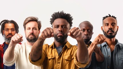Obraz premium An empowering stock photo showcasing the strength and resilience of men of various races and cultures, united in their pursuit of progress and success. isolated white background